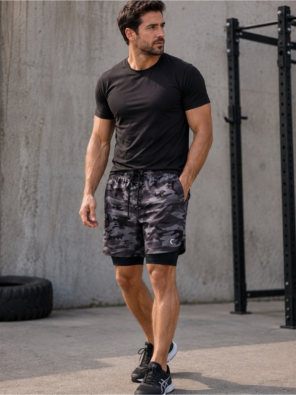 ZYIA Active Men’s 3XL Black Gray Camo 5 Star 2-in-1 Lined Shorts